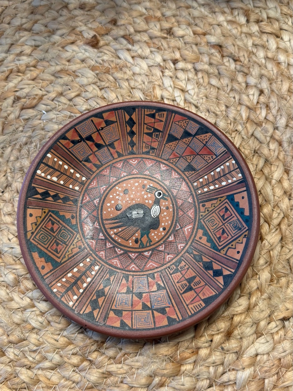 Hand-Painted Rustic Terracotta Bird Decorative Plate - Brown